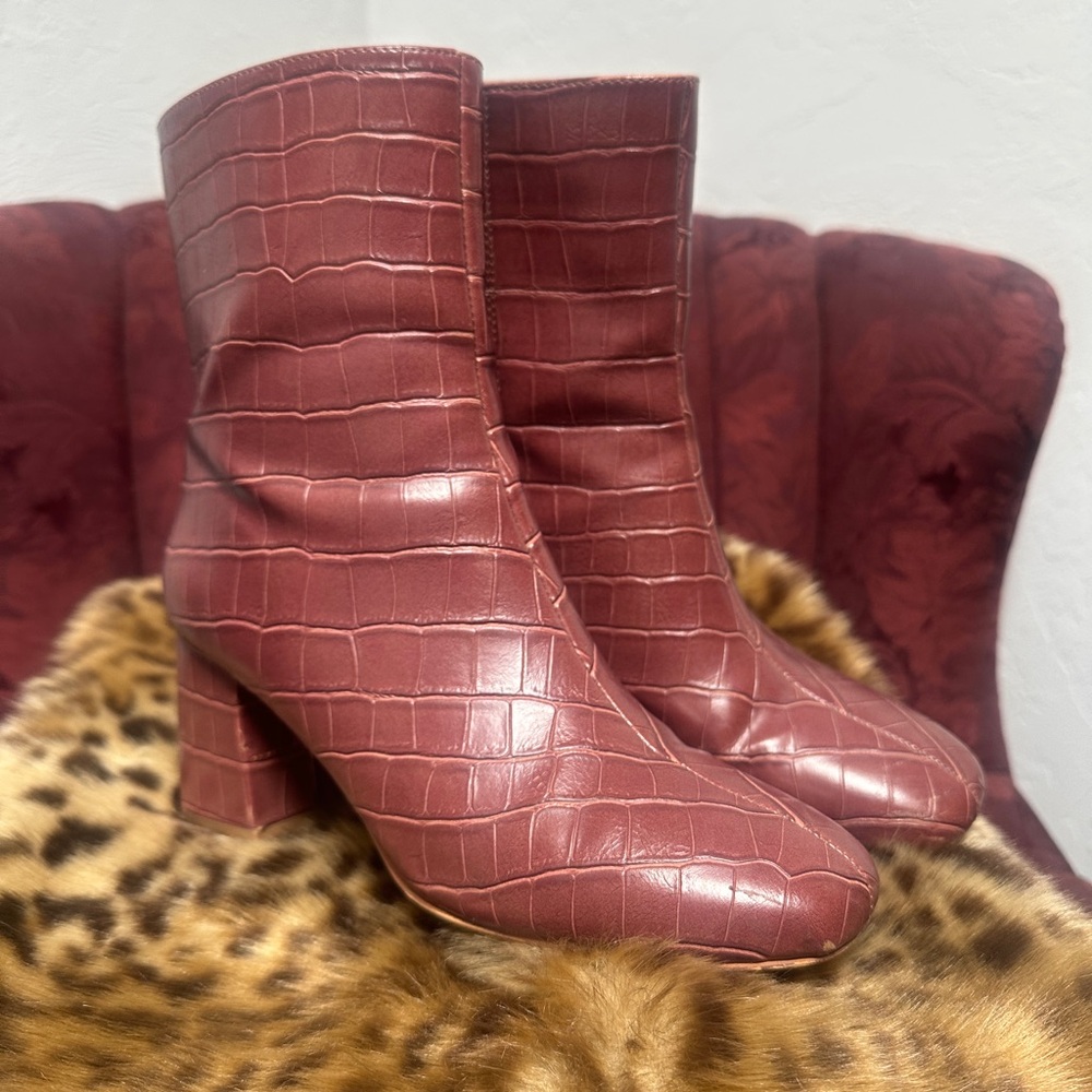 Crocodile-Embossed Brown Ankle Boots